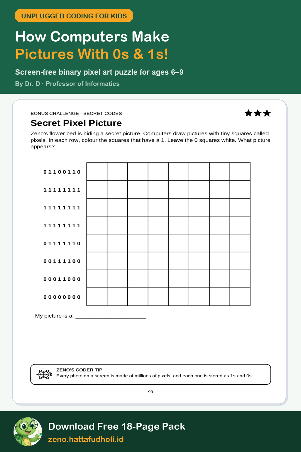 Binary Pixel Art & 0s and 1s Worksheets for Kids Printable Worksheet Preview