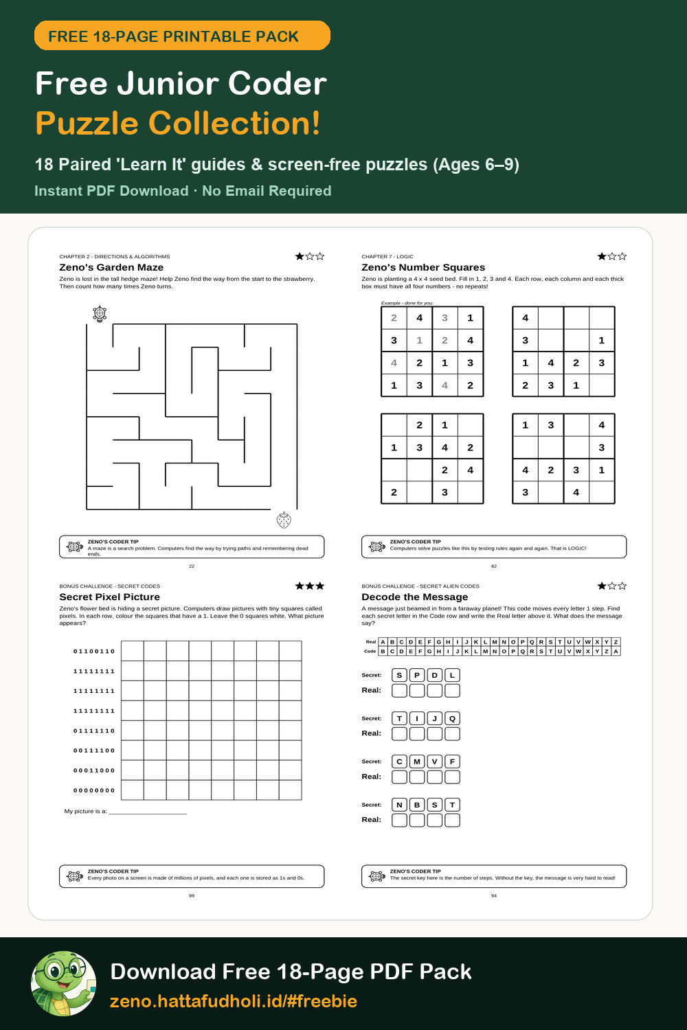 Free Unplugged Coding Worksheets for Kids (Ages 6–9) Printable Worksheet Preview