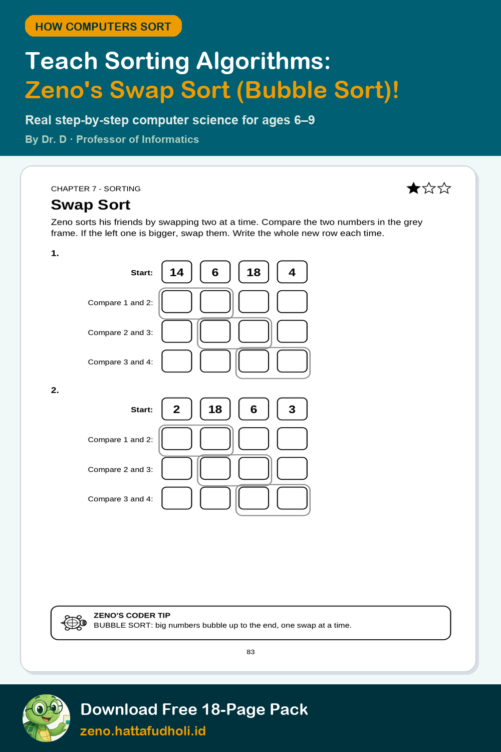 Swap Sort & Bubble Sort Activities for Kids (Ages 6–9) Printable Worksheet Preview